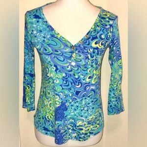 Lilly Pulitzer‎ palmetto blue lagoon 3/4 sleeve tshirt top size small vneck